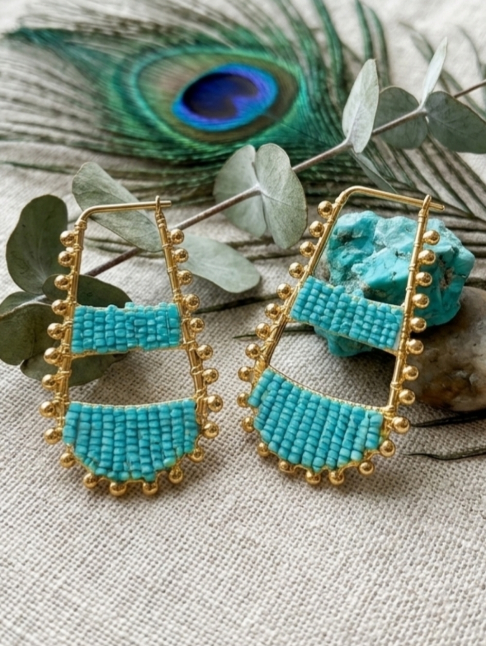 Aqua Beaded Statement Hoop Earrings Handmade Artisan Boho Ethnic Gold Drop - Picture 5 of 16